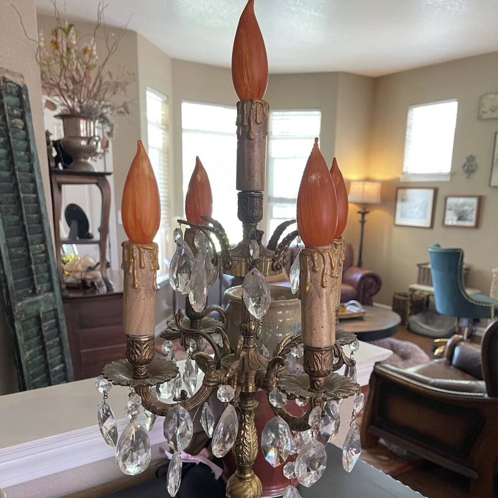Antique 23" Tall Brass, Crystal & Glass Electric Candleabra!!!